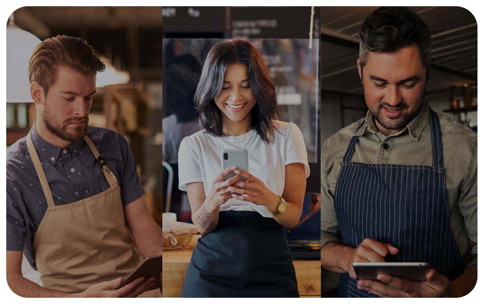 Dueños y encargados de restaurantes revisando su negocio desde la tablet y el celular
