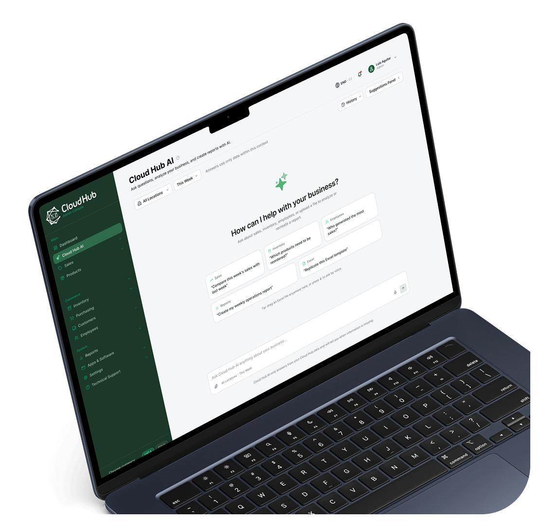 MacBook con Cloud Hub AI abierto, listo para responder preguntas sobre el negocio