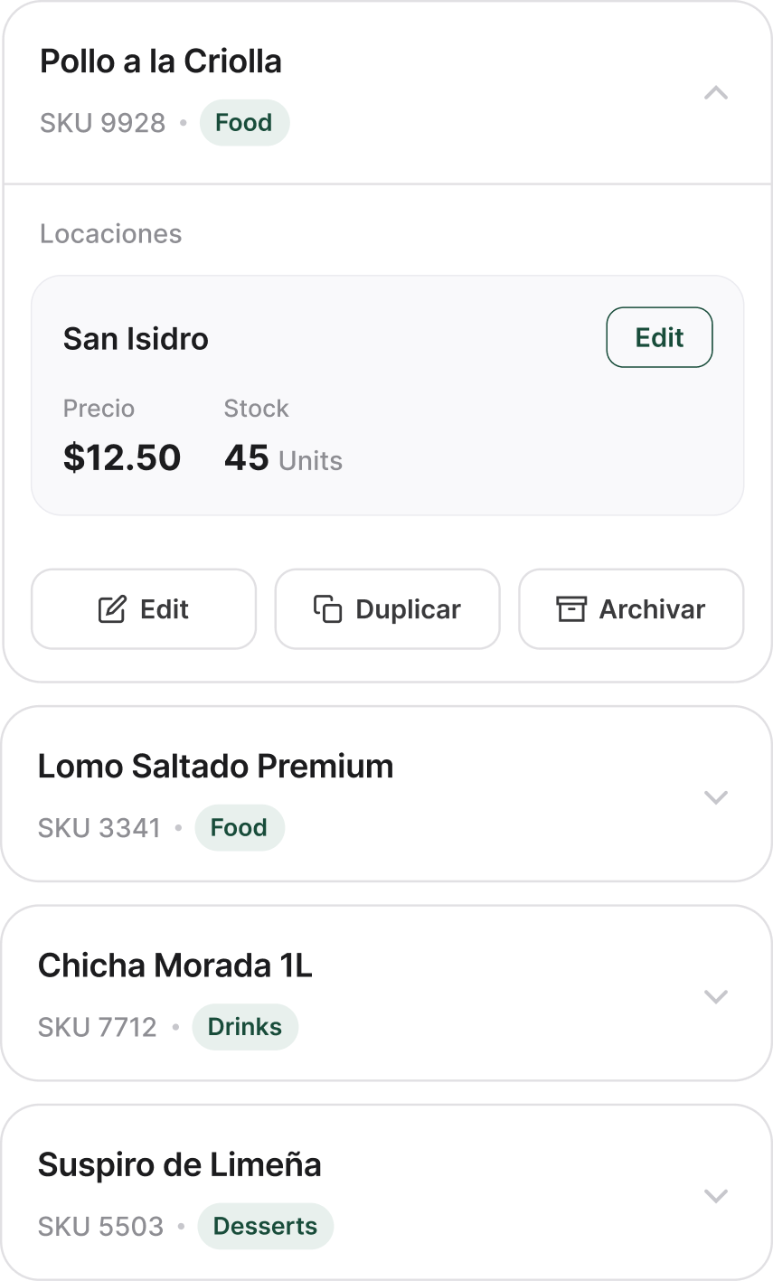 Lista de productos con precio y stock por local: Pollo a la Criolla, Lomo Saltado Premium, Chicha Morada 1L y Suspiro de Limeña