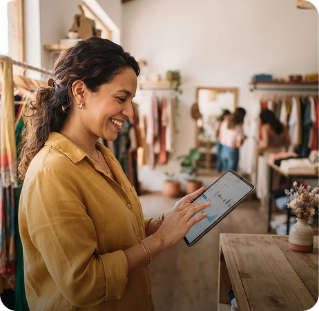 Vendedora usando una tablet en una tienda de ropa