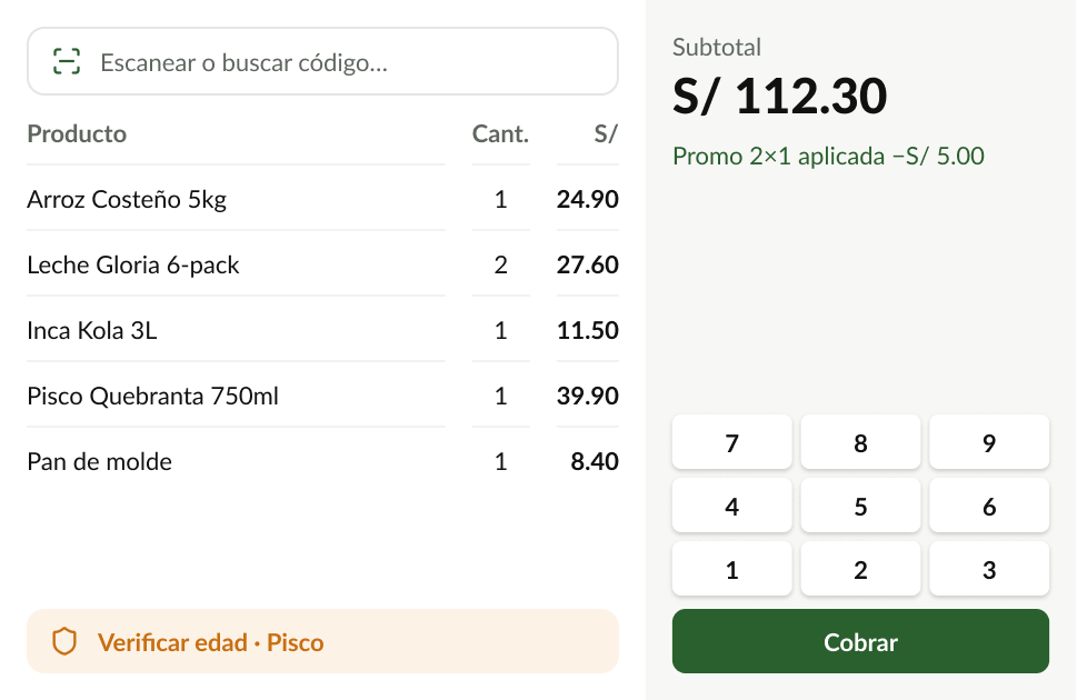 Pantalla de venta Camaleon Retail con productos escaneados, subtotal y botón Cobrar